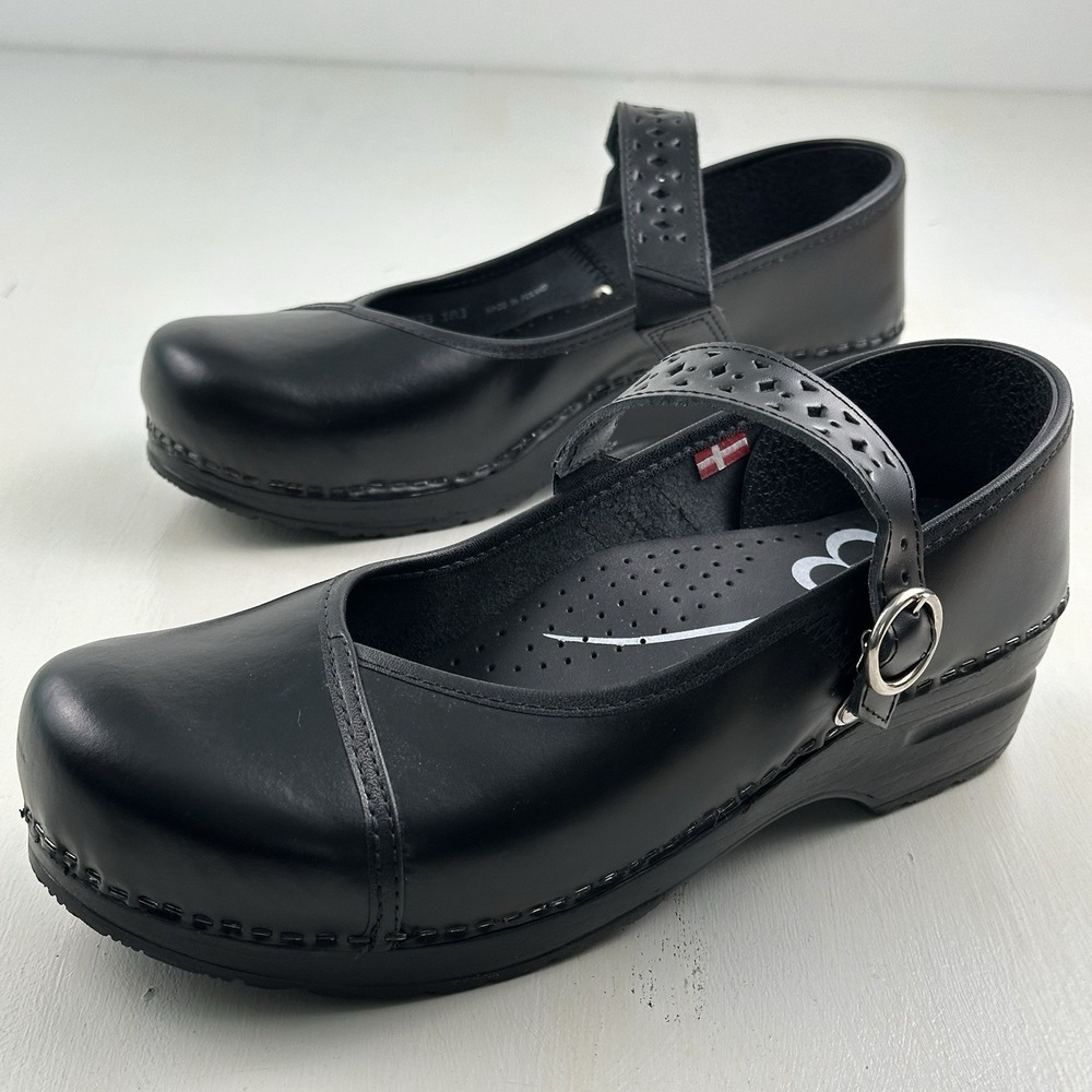 NEW Sanita Clare Mary Jane Shoes Women 41 Clogs Black Leather Adjustable Straps